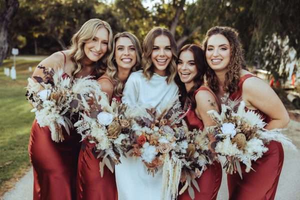 hire bridal and bridesmaids wedding bouquets. Warm rustic wedding flowers.