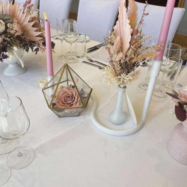 wedding reception long table centrepiece. pink and gold reception table decor. simple elegant wedding reception tables