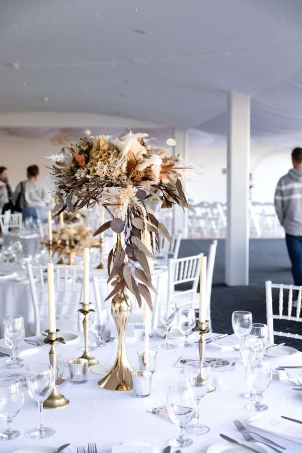 Tall HIRE dried and preserved flower centrepiece. gold tall stand. boho, wedding, neutral warm tones. earthy florals.