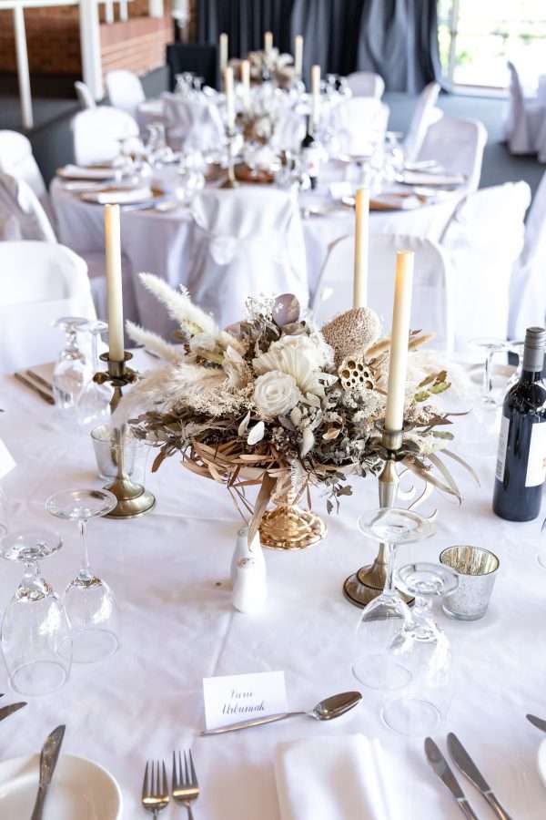 HIRE centrepiece in gold footed bowl, reception table styling. centrepiece florals. lux glamour range , dried and preserved floral centrepiece.