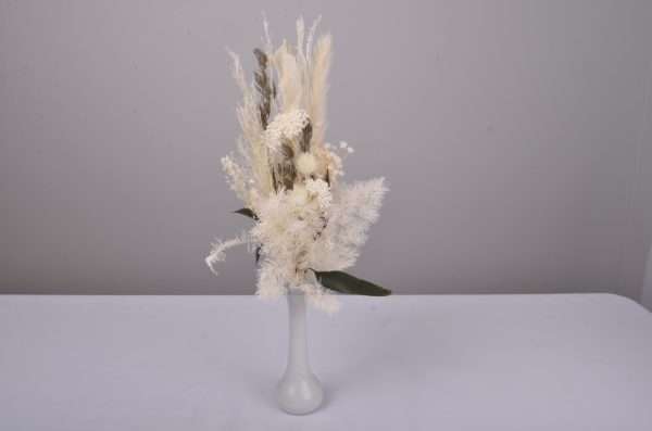 upright mini spray of dried and preserved florals. hire item. budvase. white and green. classic.