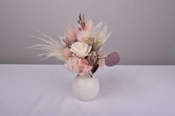 small flower posy, petite posy, pink and ivory, in vase. hire flowers dried & preserved ingredients.
