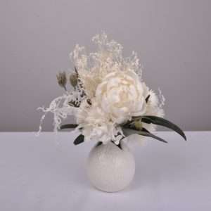 white and ivory with green small posy. petite posy. Hire items. dried and preserved flowers. vase