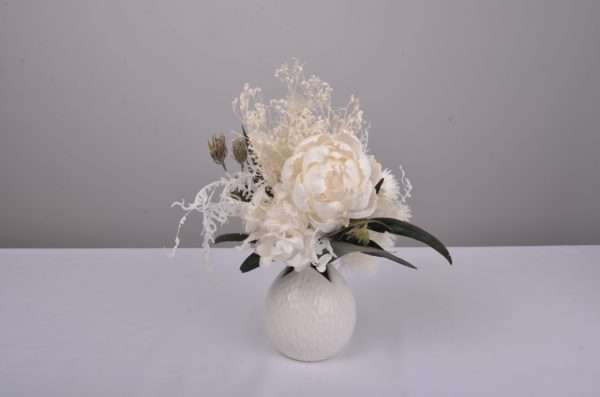 white and ivory with green small posy. petite posy. Hire items. dried and preserved flowers. vase