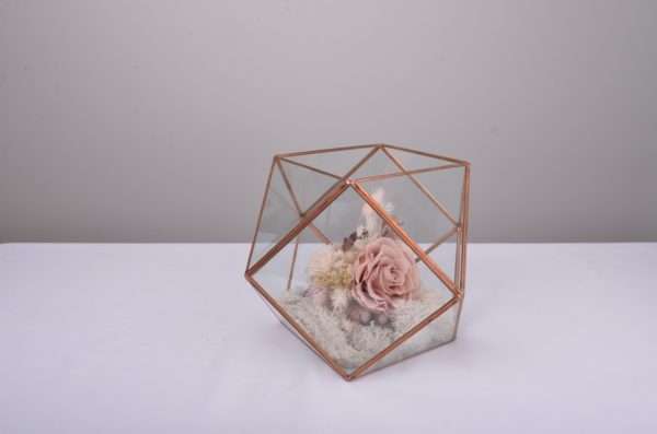 medium terrarium copper with pink preserved arrangement. alternative table centrepiece. coffee table decor. Hire flowers.