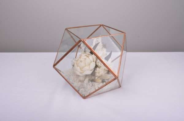copper medium terrarium, glass panel. classic white and green floral. hire