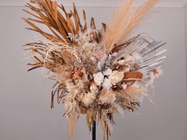 XL focal floral hire piece. Lux Glamour range. earthy warm neutral tones. boho. palms and pampas.