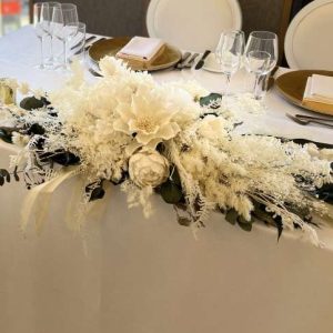 Hire wedding floral arrangements. Classic white and green wedding flowers. bridal table floral arrangement.