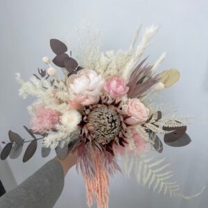 Keepsake bouquet. Dried and preserved flowers, pink King Protea. white, ivory and pink. Ready to go