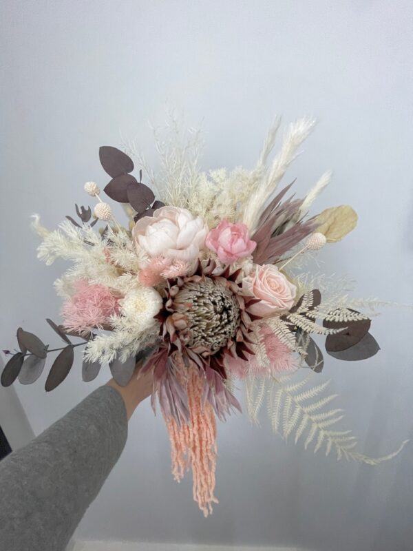 Keepsake bouquet. Dried and preserved flowers, pink King Protea. white, ivory and pink. Ready to go