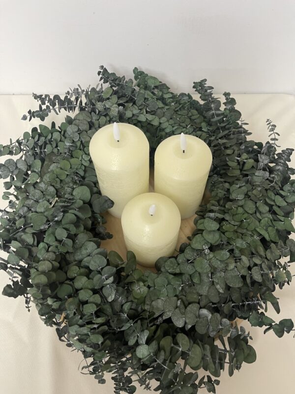 Foliage Centrepiece, eucalyptus wreath, Hire, preserved Eucalyptus, gumleaf wreath, wedding, centrepiece, corporate. can lay or hang. finished on both sides. with candles or without.