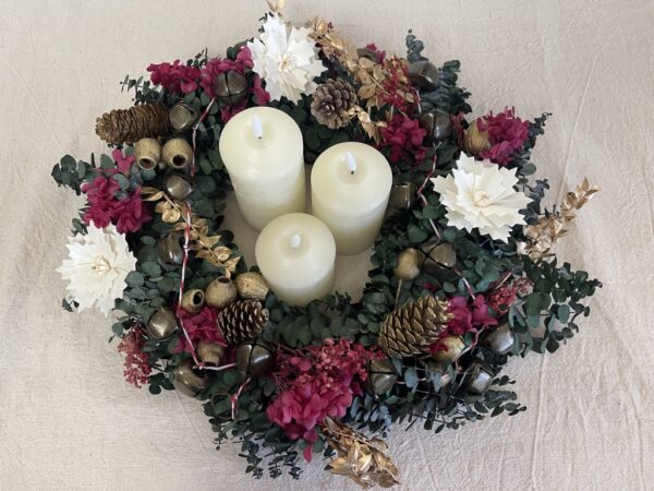 Christmas wreath with candles, preserved and dried flower wreath. dried flowerwreath, advent, candlewreath, christmas. red white green.traditional look.