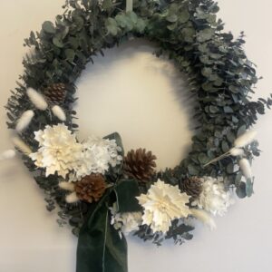 preserved eucalyptus gum wreath, white modern look, pinecones