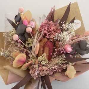 wrapped pink preserved flower bunch