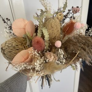 Preserved Floral Bunch-in round raffia collar - natural with pink peach tones