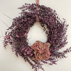 Modern eco wreath preserved gum and hydrangea, new house, interior design, minimalist design.