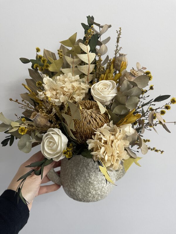 Medium green ivory natural tones preserved floral arrangement