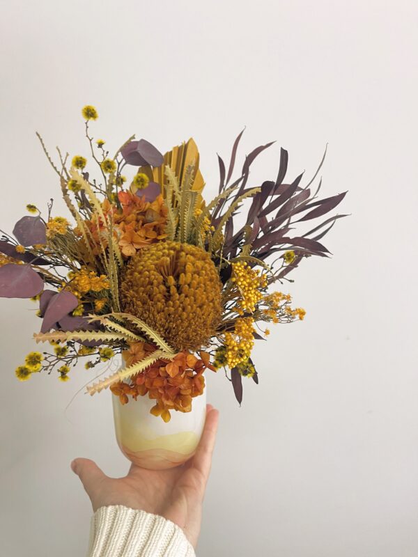 Small Mustard yellow preserved floral arrangement